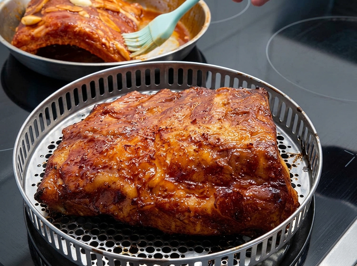 Un pinceau de cuisine appliquant un mélange de miel et de sauce sur le dessus de travers de porc assaisonnés reposant sur une grille ronde en métal.