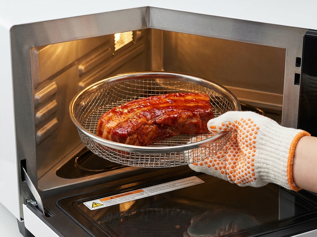 Une personne portant un gant de cuisine résistant à la chaleur plaçant un panier métallique avec des travers de porc glacés dans un four ouvert.