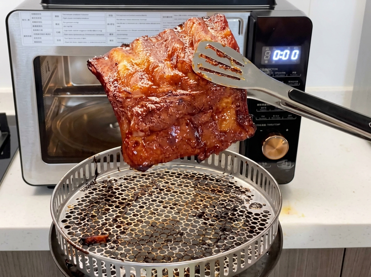 Une paire de pinces en métal soulevant un morceau de côte de porc glacée et fraîchement cuite au-dessus dun panier de cuisson rond en métal.