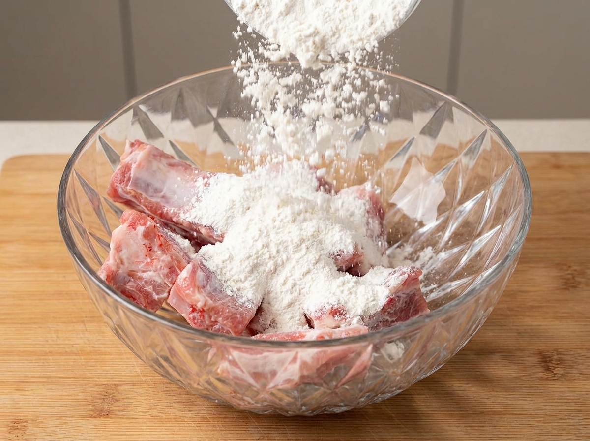 De la farine fine et du sel saupoudrés sur des travers de porc crus dans un bol en verre.