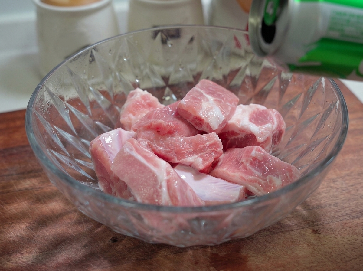 De la bière versée depuis une canette dans un bol en verre rempli de travers de porc crus.