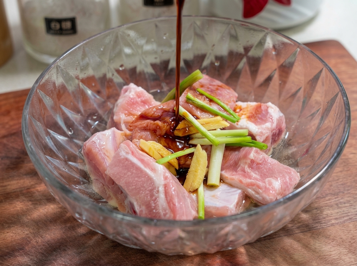 De la sauce soja noire, de la sauce huître et de la sauce char siu versées sur la viande dans un bol en verre.
