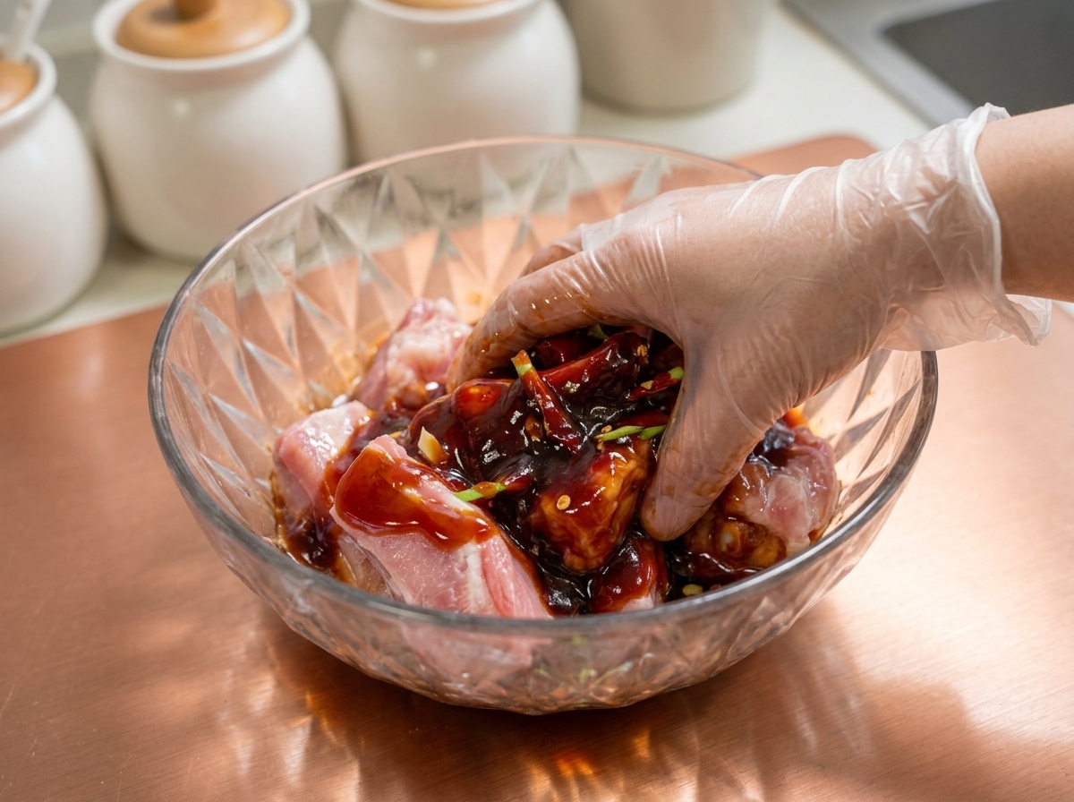 Une main gantée massant et enrobant des travers de porc avec une marinade foncée dans un bol en verre.