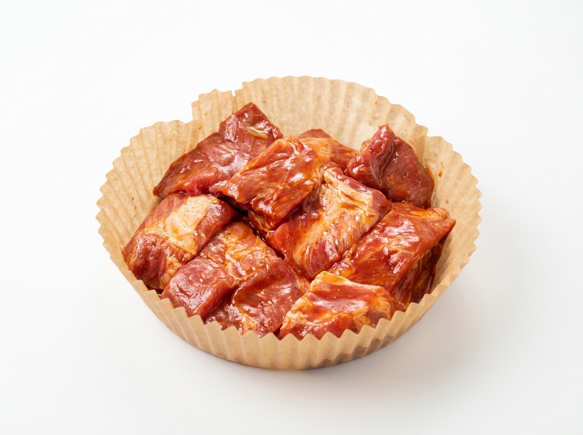 Des travers de porc marinés soigneusement alignés dans le panier dun air fryer recouvert de papier cuisson.