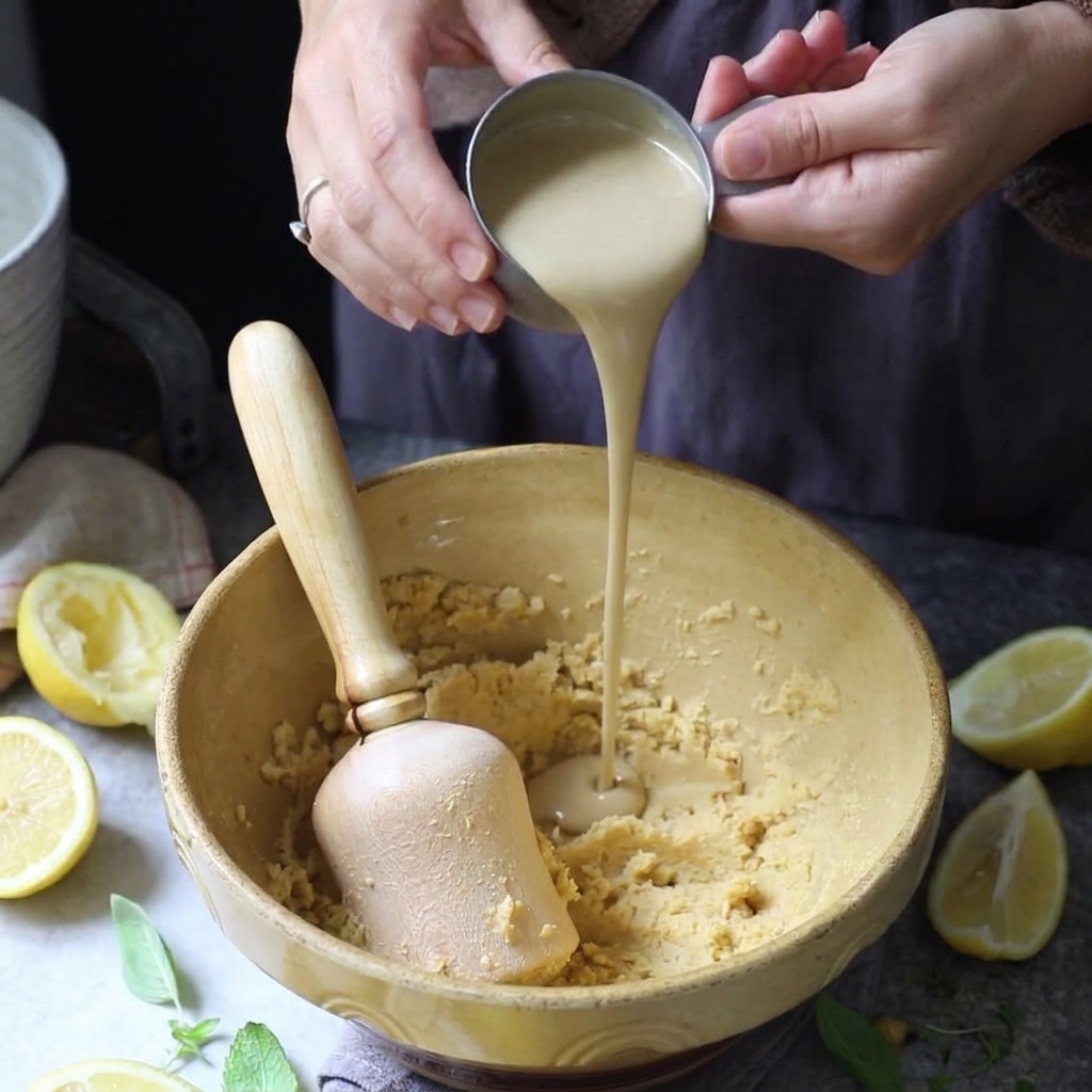 De la pâte de tahini versée dune tasse à mesurer dans un bol jaune rempli de pois chiches écrasés.