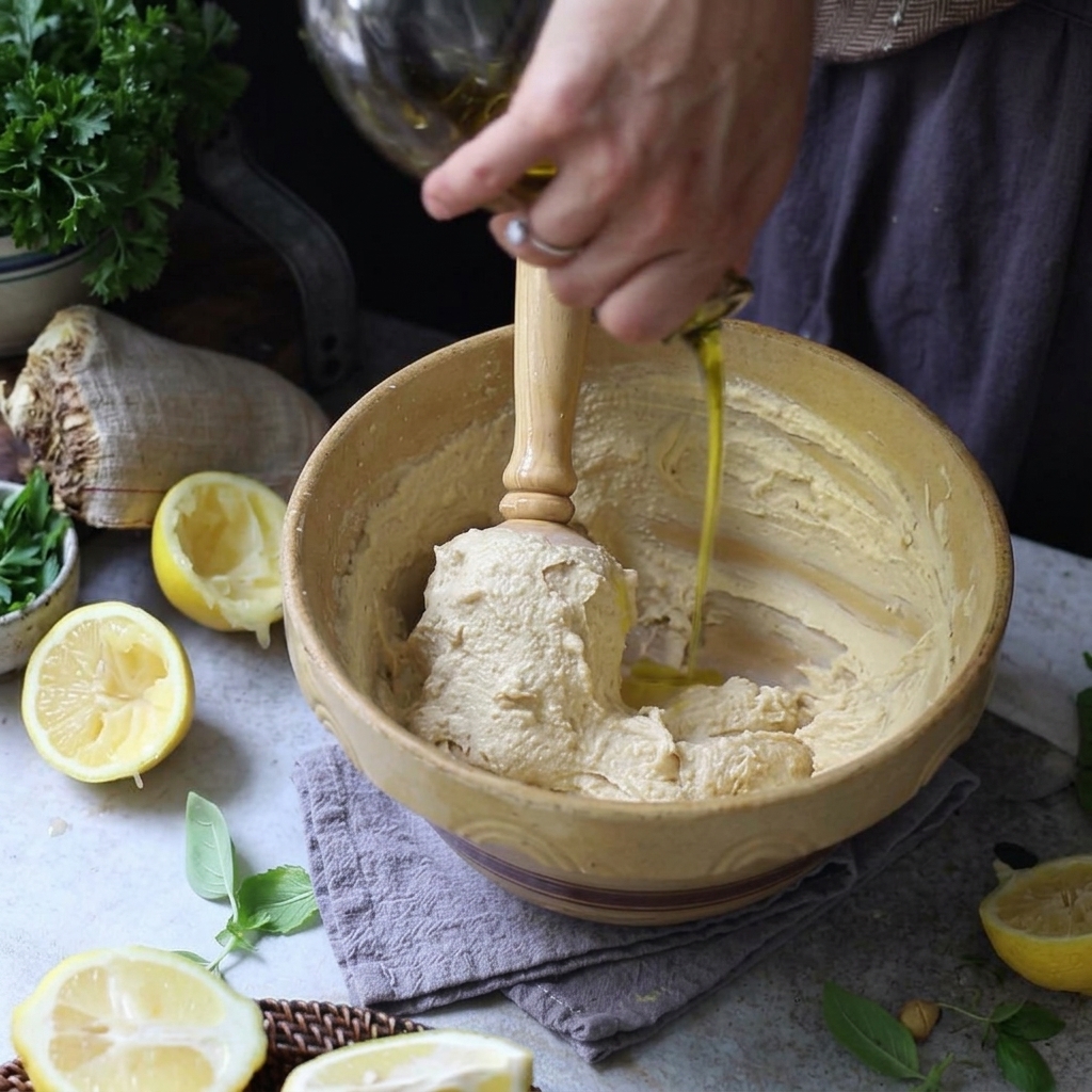 De lhuile dolive versée dune bouteille en verre dans un bol de houmous tout en étant remuée.