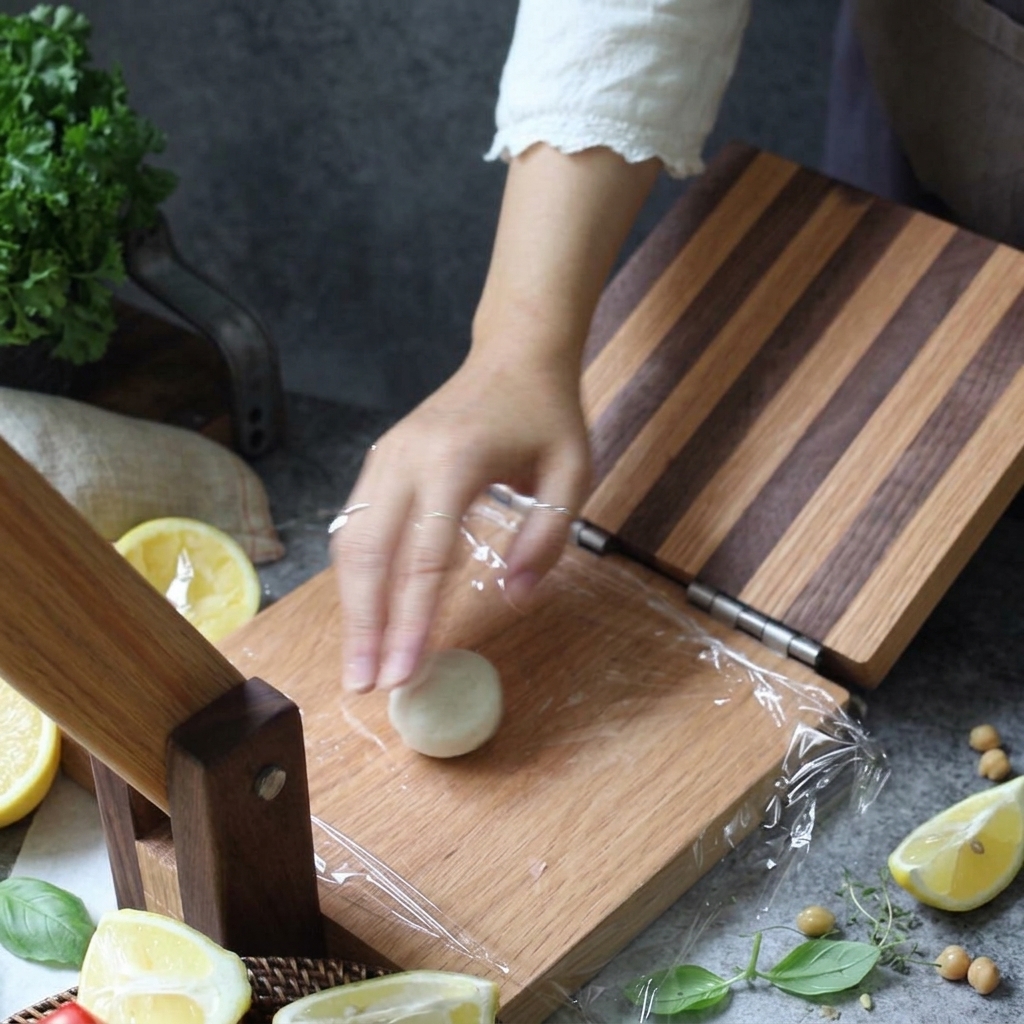 Une petite boule de pâte blanche aplatie sur une presse à tortillas en bois recouverte de film plastique.