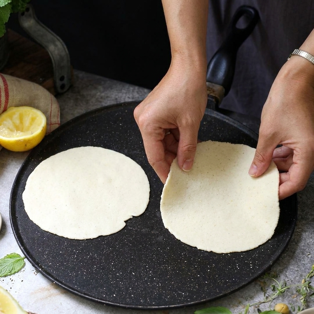 Des morceaux de pâte à tortilla ronde et aplatie cuisant sur une plaque chauffante plate et sombre.