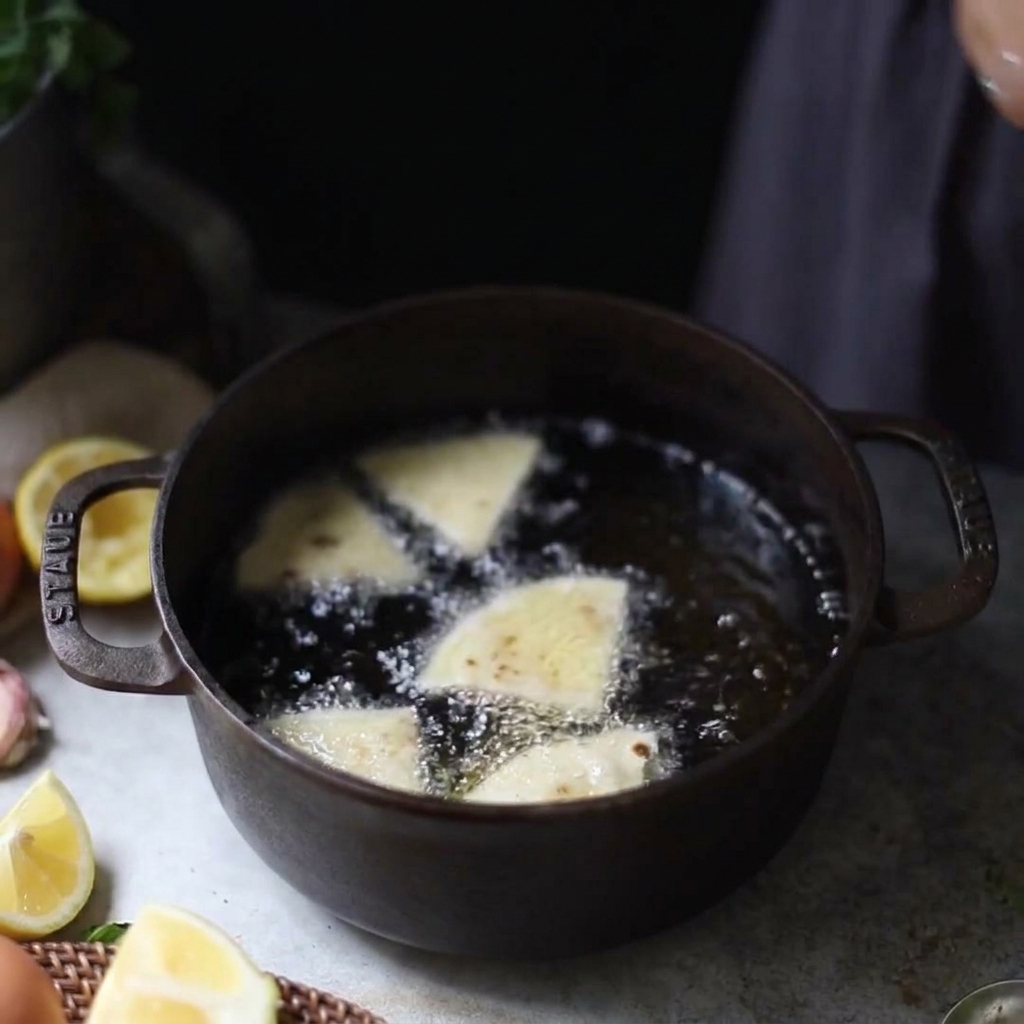 Des morceaux de triangles de tortilla en train de frire dans une casserole remplie dhuile chaude bouillante.