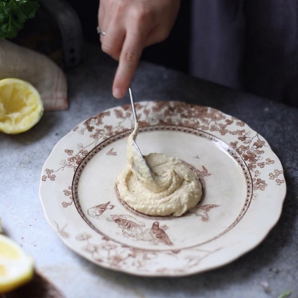 Du houmous étalé et tourbillonné en motif circulaire sur une assiette décorative à motifs à laide dune cuillère.