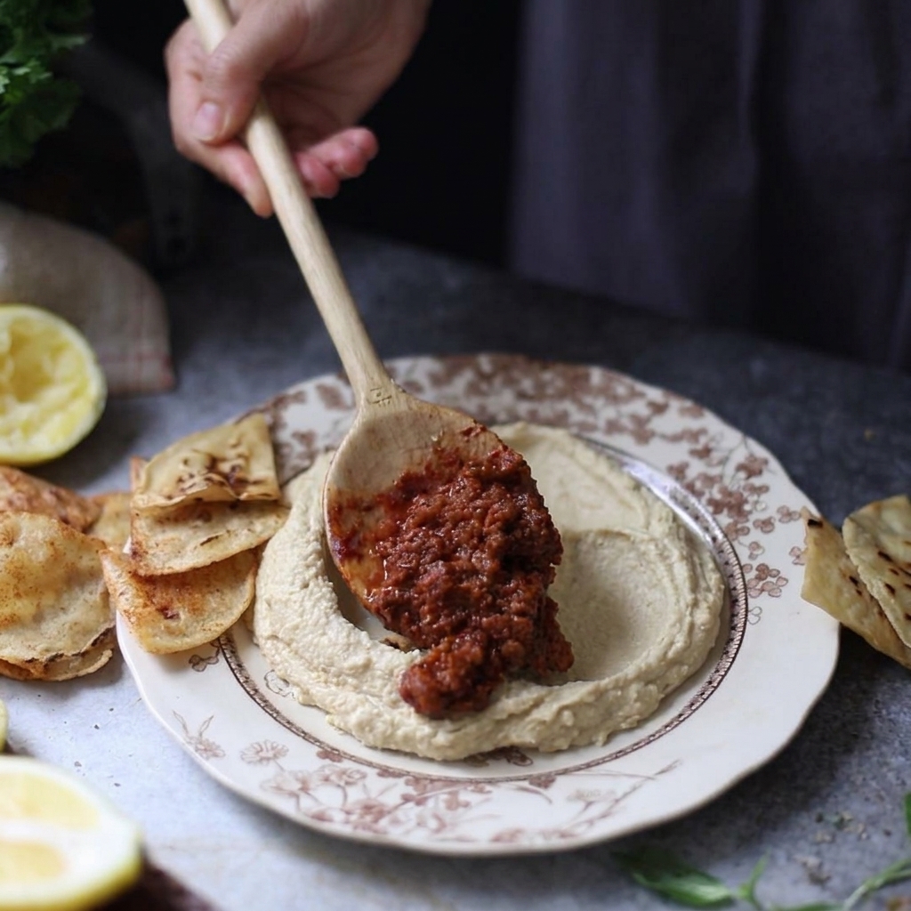 Une cuillère en bois plaçant du bœuf cuit chaud au centre de la cavité du houmous servi dans une assiette avec des chips de tortilla.