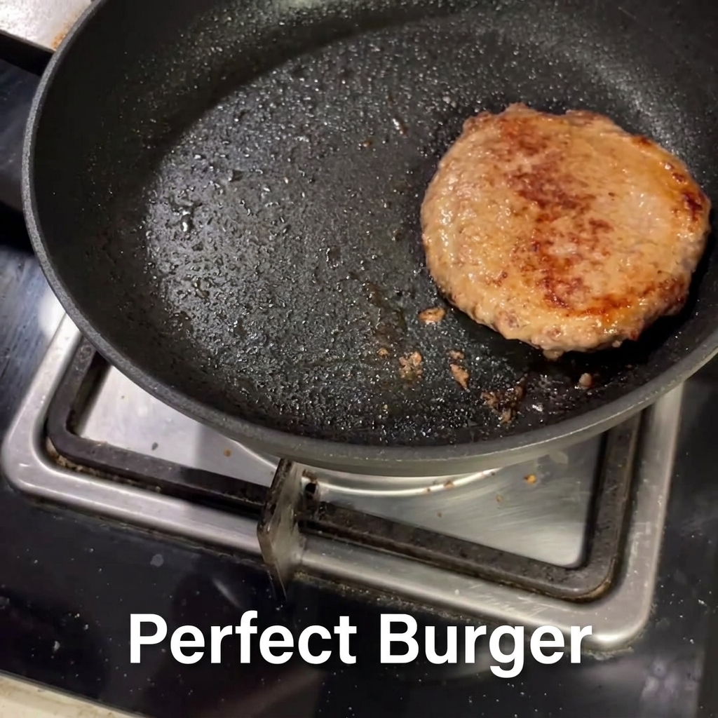 Deux œufs au plat dans une poêle à côté du steak haché cuit, légèrement assaisonnés et couverts.