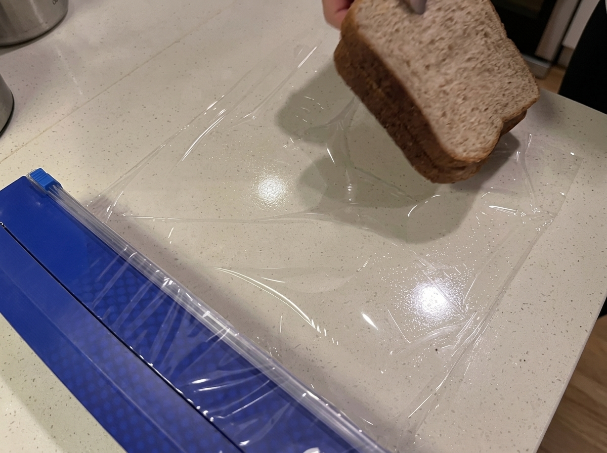 Deux tranches de pain complet posées à plat sur du film alimentaire sur un plan de travail.
