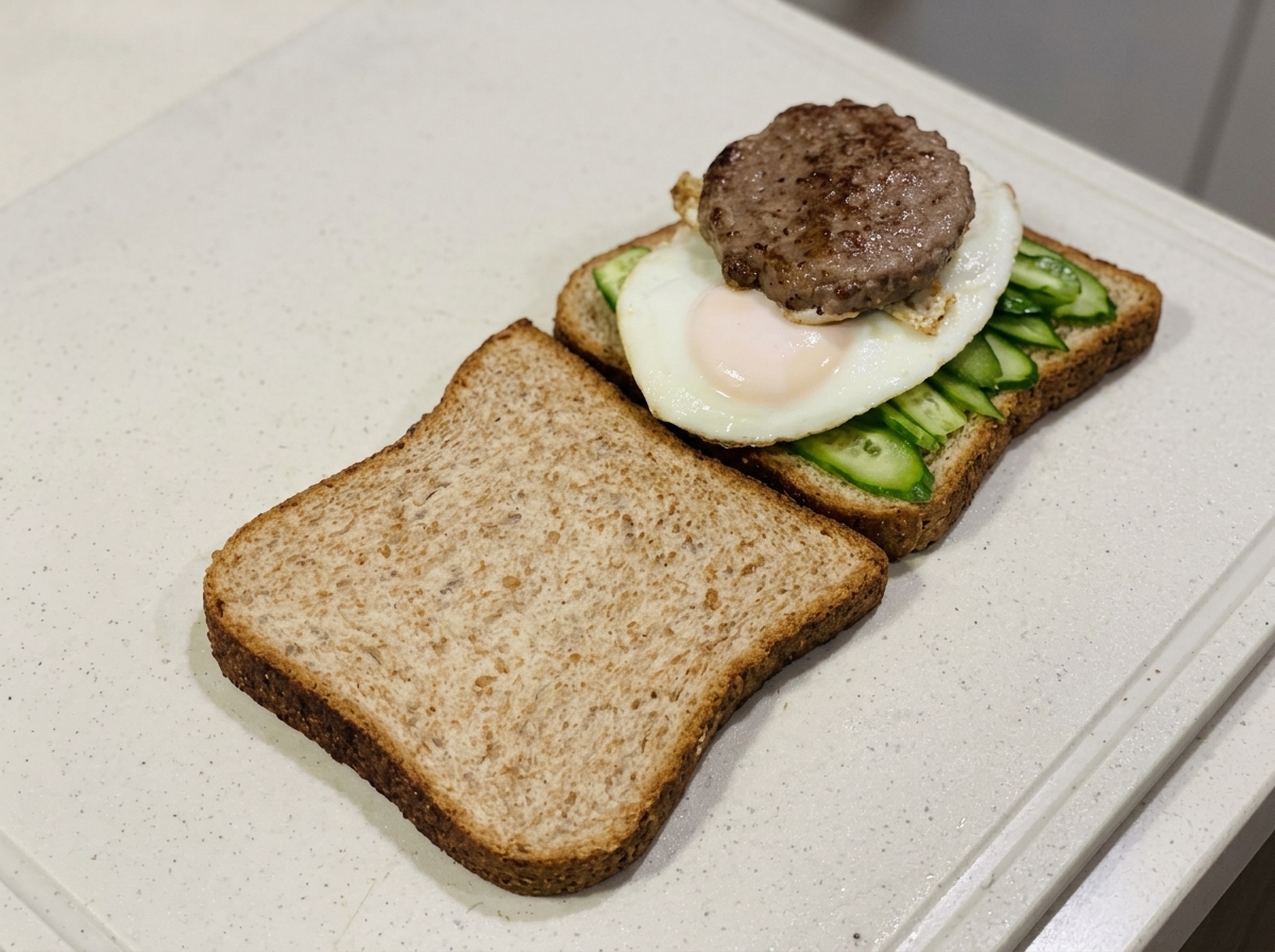 Un steak haché cuit et une tranche de fromage superposés sur les œufs au plat.