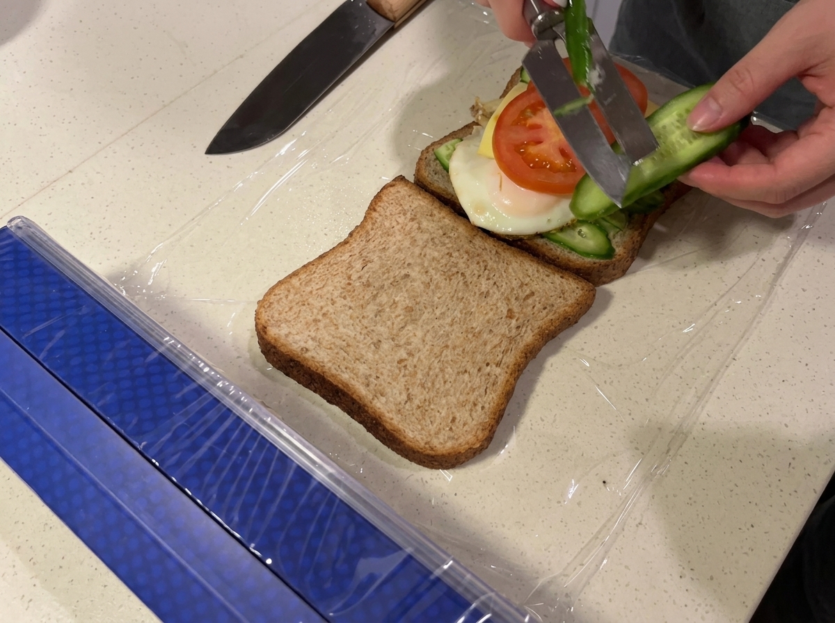De nouveaux rubans de concombre ajoutés sur les tomates avant de refermer le sandwich.