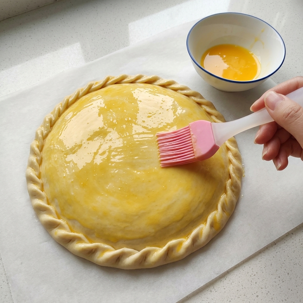 Une main utilisant un pinceau en silicone rose pour appliquer du jaune dœuf sur une tourte feuilletée scellée et posée sur du papier sulfurisé.