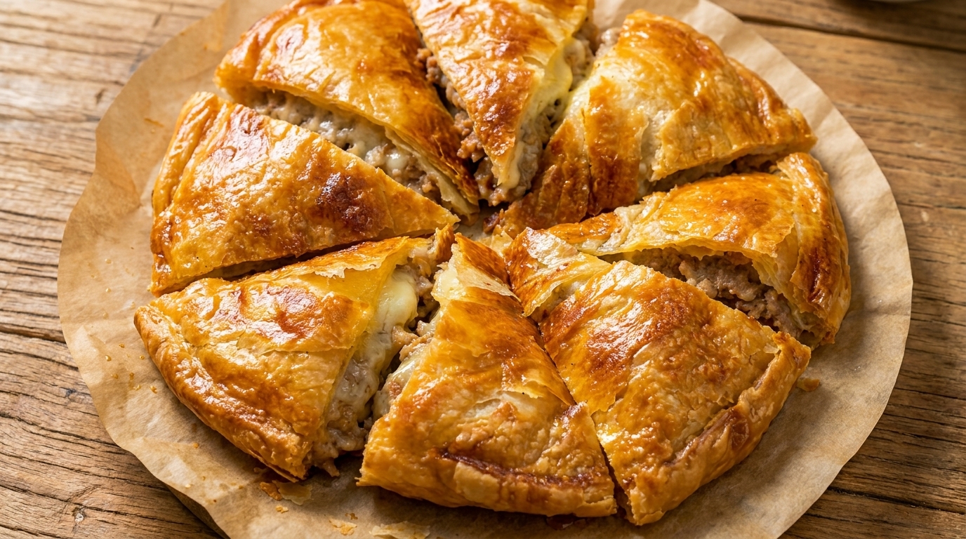 Feuilleté de galettes aux oignons verts, viande et fromage à la friteuse sans huile