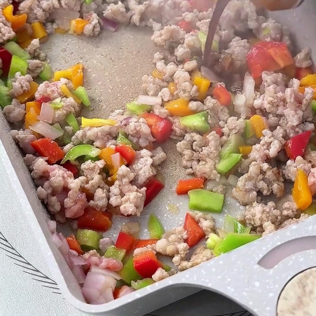 Sauce soja noire versée sur le mélange de viande et de légumes en train de cuire dans la poêle.