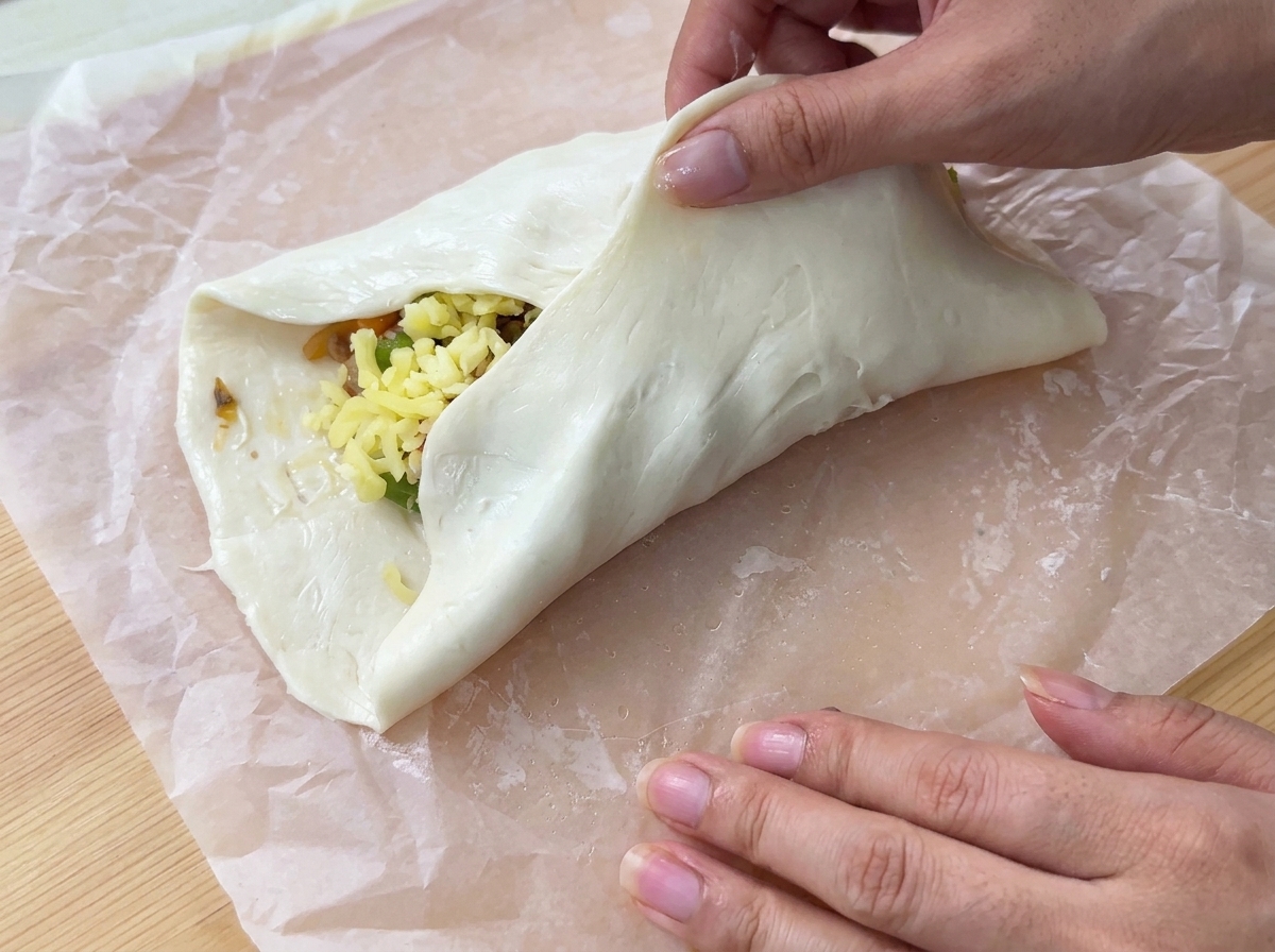 Mains repliant les bords dune feuille de paratha sur une garniture salée sur du papier sulfurisé.