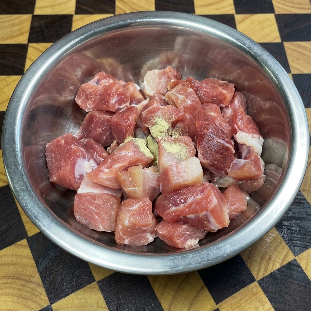 Dés de porc dans un bol en inox saupoudrés de poivre blanc, de sauce soja et dautres assaisonnements.