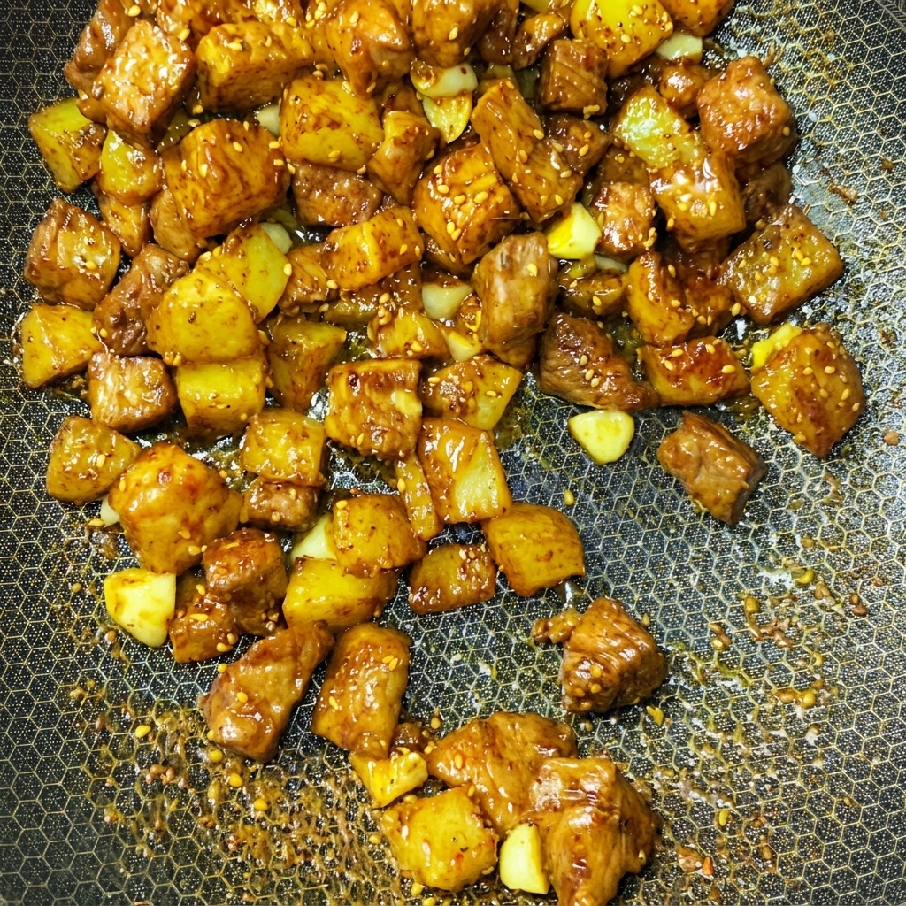 Dés de porc et de pommes de terre sautant dynamiquement dans un wok avec des épices.