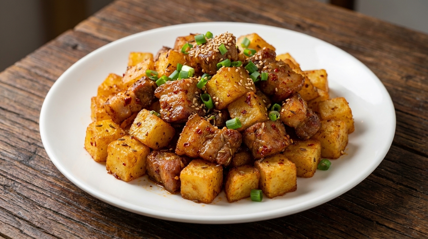 Dés de Porc Façon Barbecue au Cumin et Pommes de Terre Croustillantes