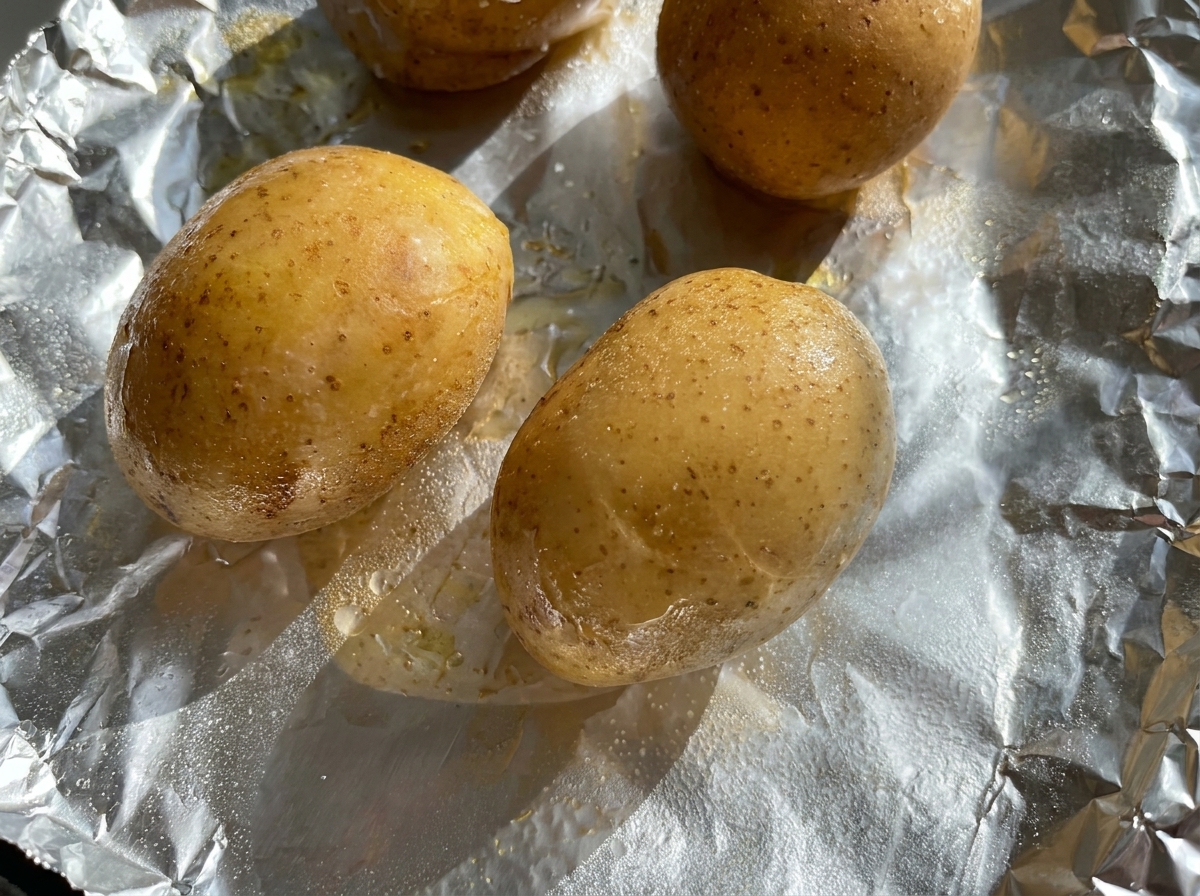 Pommes de terre entières enduites dhuile et de sel, enveloppées dans du papier aluminium sur une plaque de cuisson.