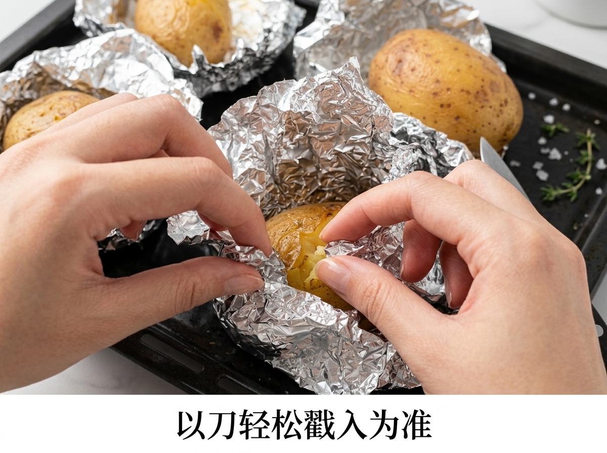 Mains retirant le papier aluminium dune pomme de terre cuite sur une plaque pour la tester avec un couteau.