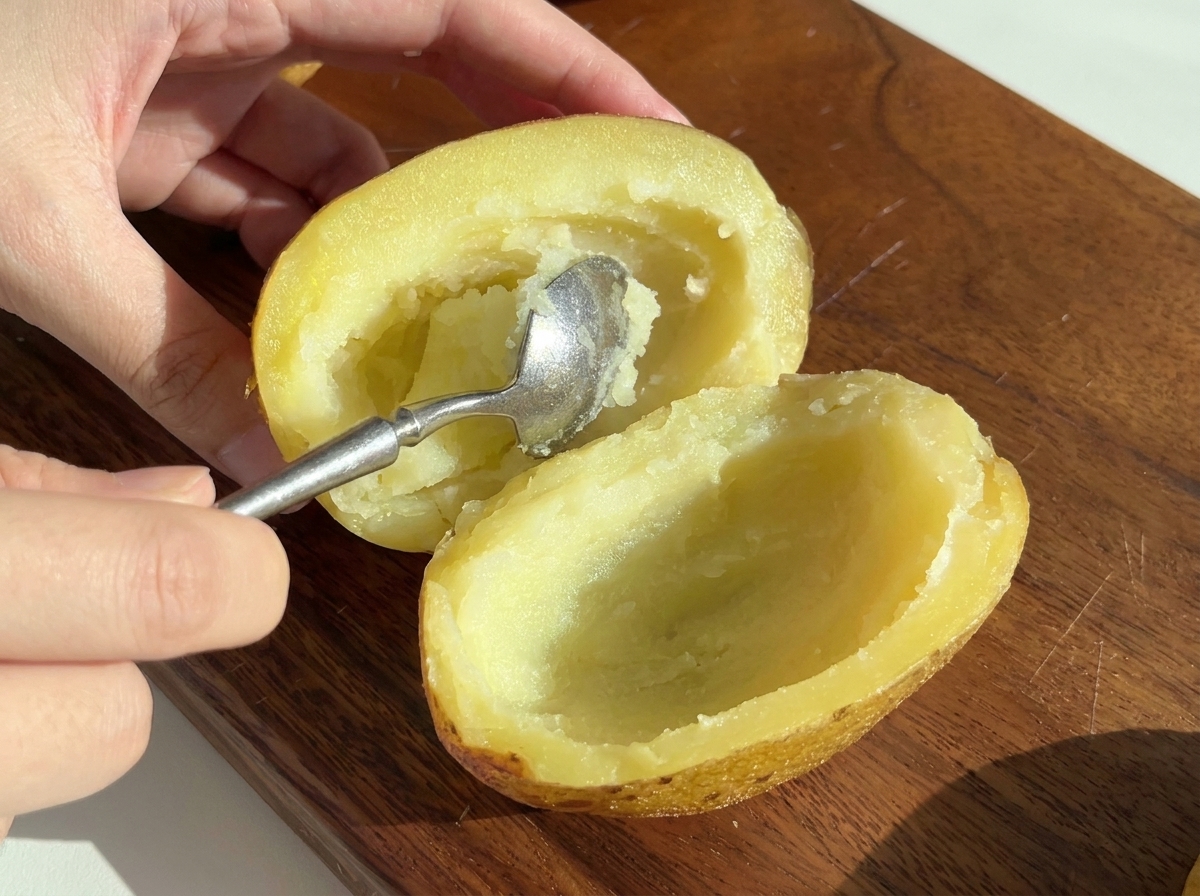 Une cuillère extrayant la chair tendre dune moitié de pomme de terre cuite.