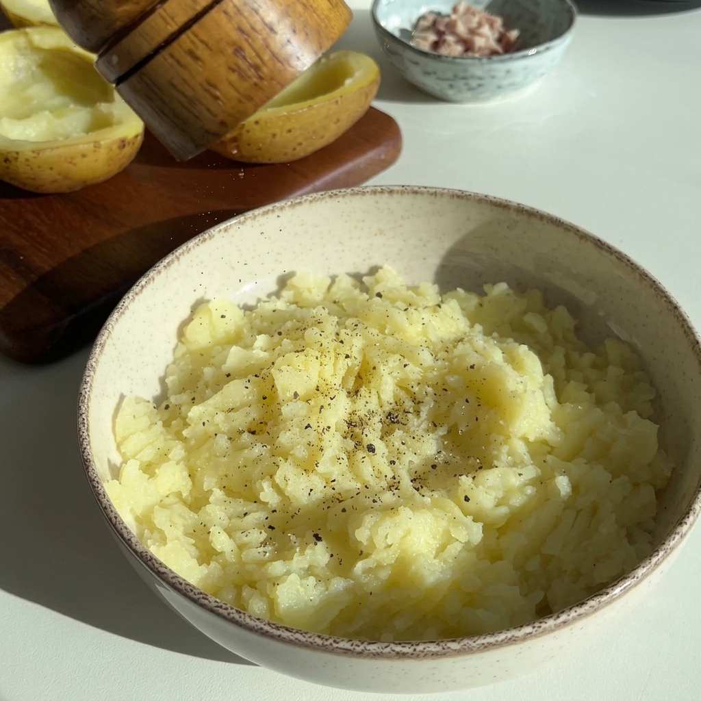 Poivre moulu au-dessus dun bol de purée de pommes de terre fraîche avec du jambon et du fromage.