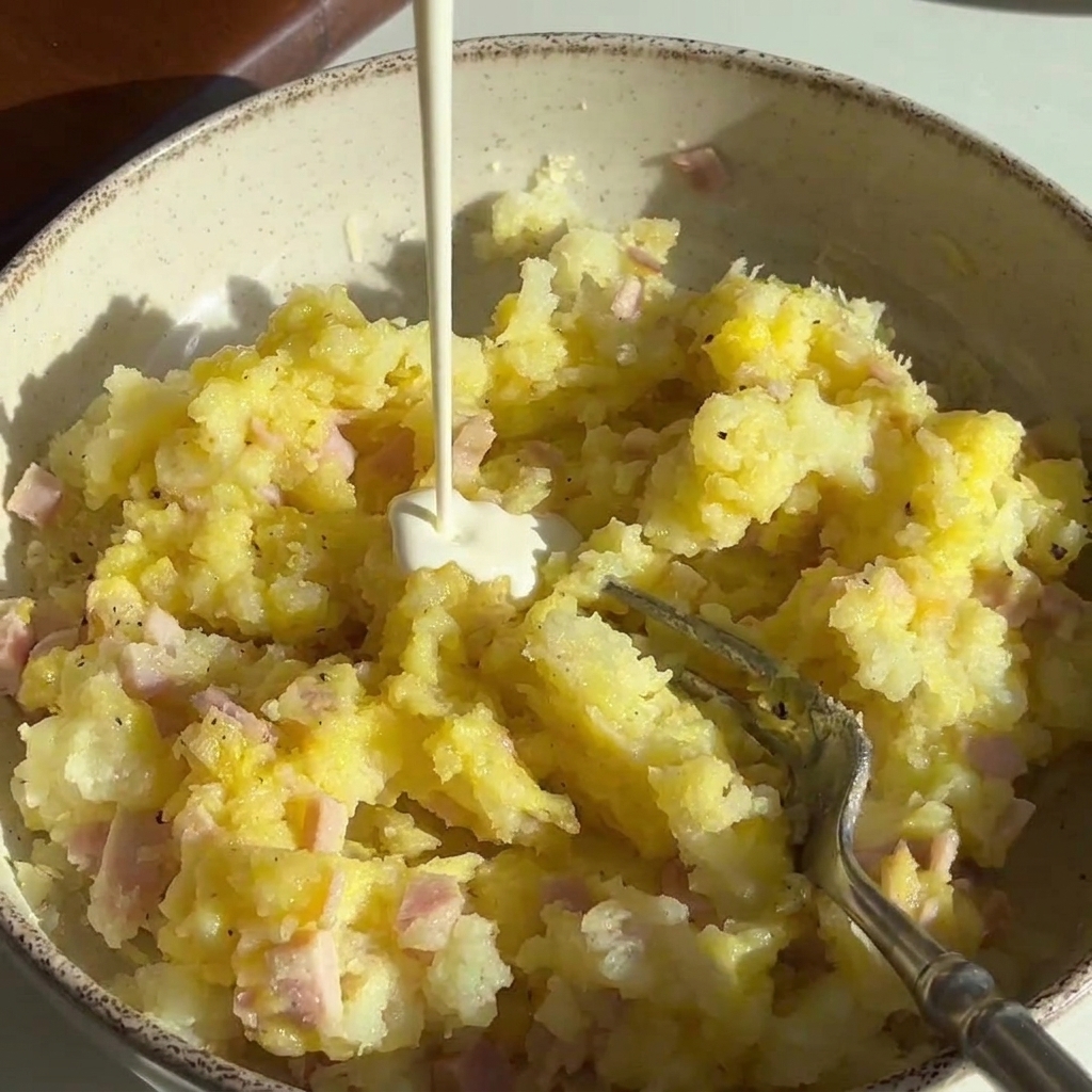 Crème légère versée dans un bol de purée de pommes de terre mélangée à la fourchette.