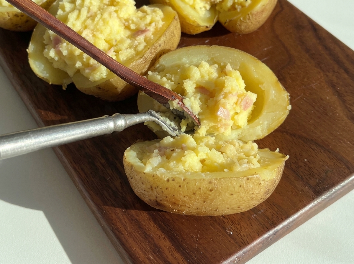 Une cuillère remplissant une coque de pomme de terre évidée avec la purée assaisonnée.