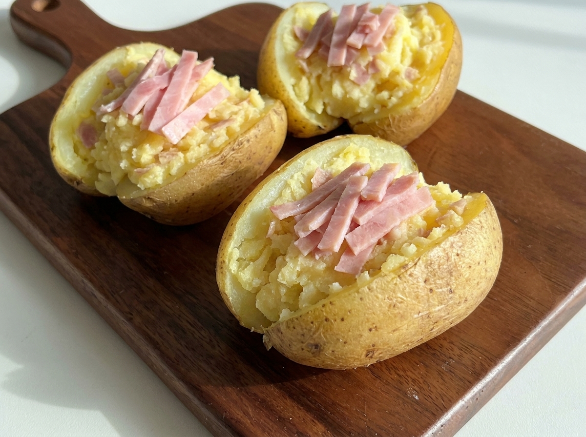 Moitiés de pommes de terre farcies surmontées de lamelles de jambon et prêtes pour le fromage.
