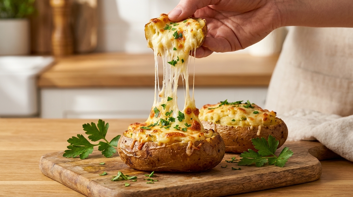 Pommes de terre farcies à la française, jambon et fromage