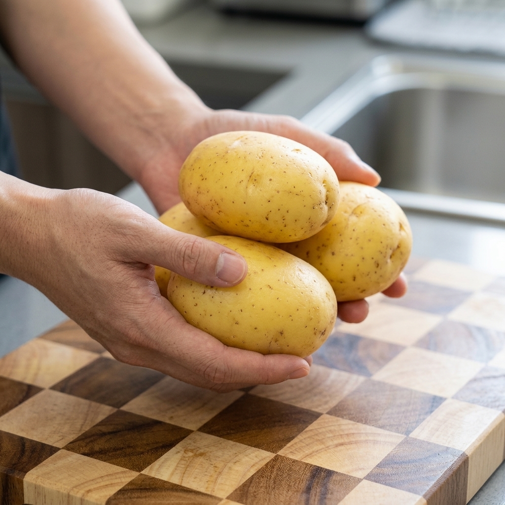 Une paire de mains tenant des pommes de terre crues fraîches épluchées sur une planche à découper en bois.