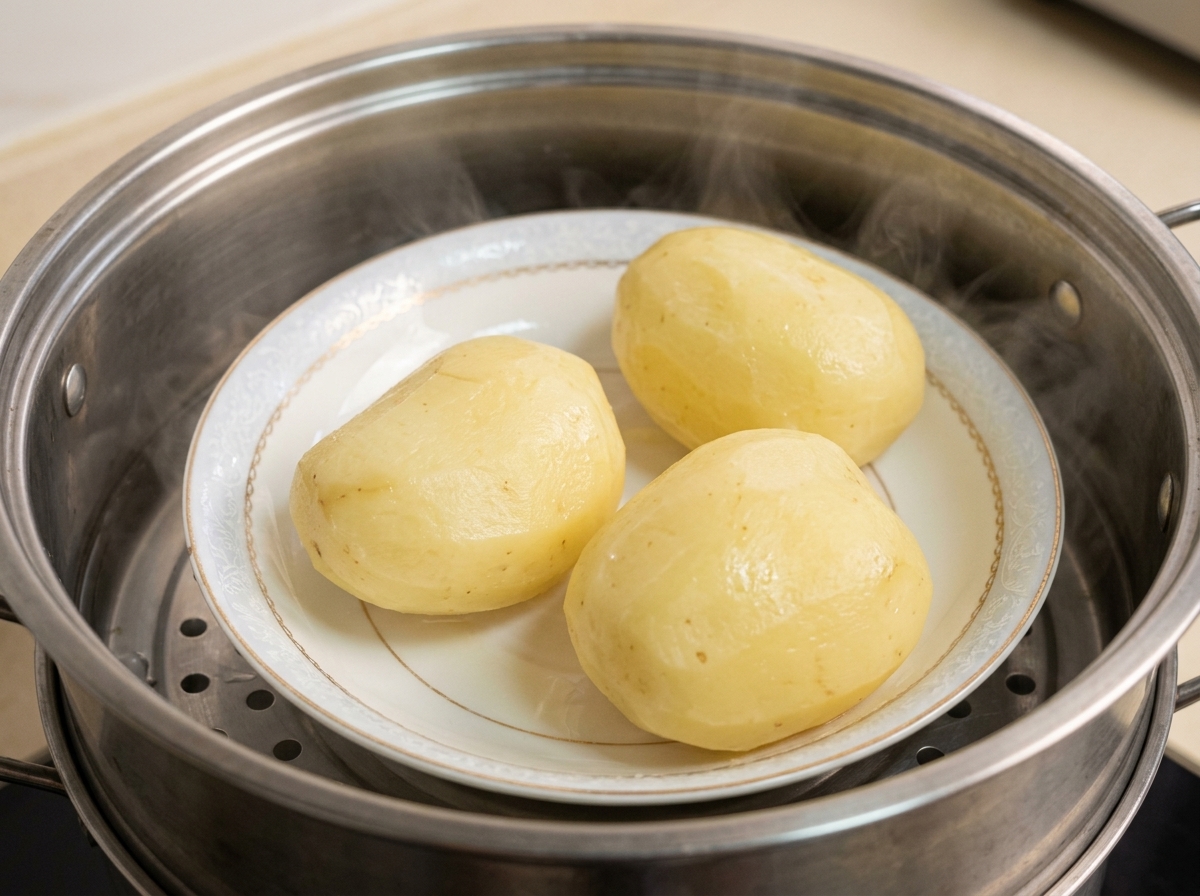 Pommes de terre épluchées cuisant à la vapeur sur une assiette dans un cuit-vapeur en métal avec de la vapeur montante.