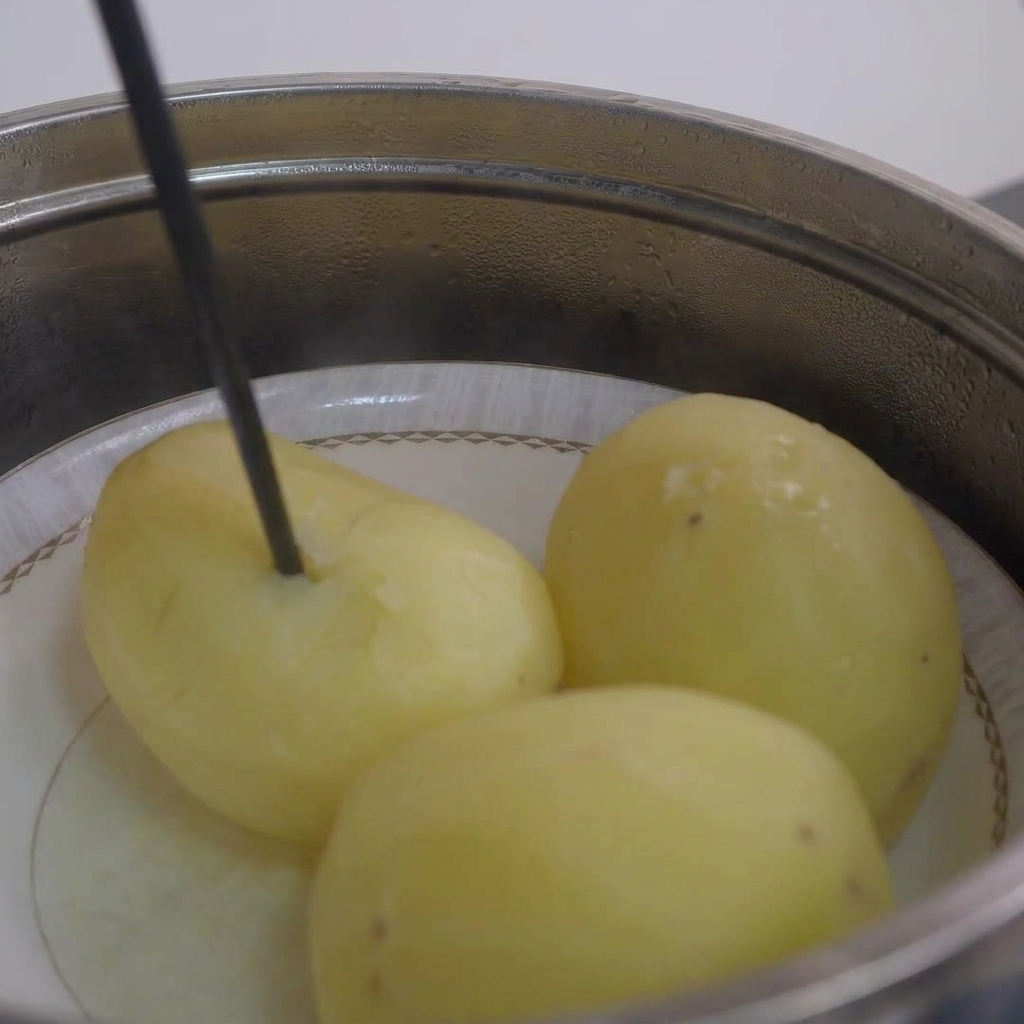Une baguette insérée dans une pomme de terre cuite à la vapeur pour vérifier la tendreté.