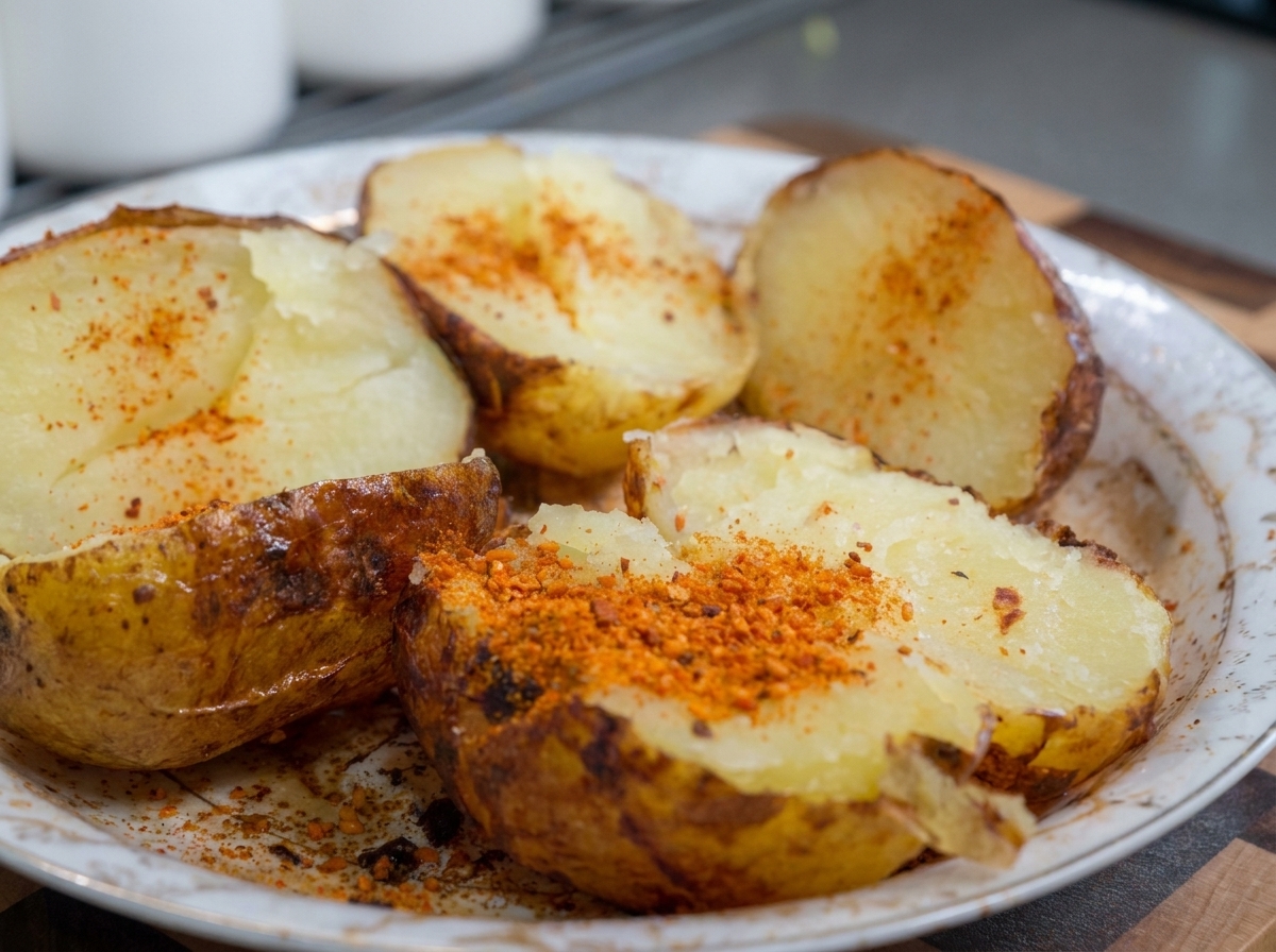 Poudre dassaisonnement barbecue rouge saupoudrée avec une cuillère sur les surfaces intérieures molles des moitiés de pommes de terre cuites disposées sur une assiette.
