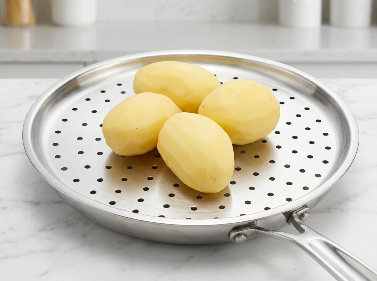 Quatre pommes de terre entières épluchées assises à lintérieur dun panier vapeur en acier inoxydable.