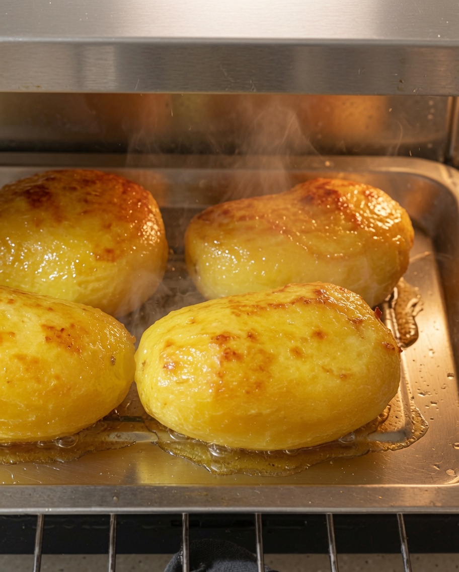 Des pinces en métal retournant des pommes de terre cuites à lintérieur dun plateau de four chaud.