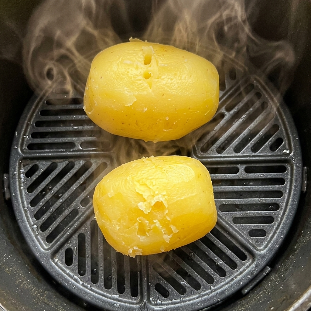 Deux pommes de terre cuites à la vapeur dans le panier dune friteuse à air entourées de vapeur.
