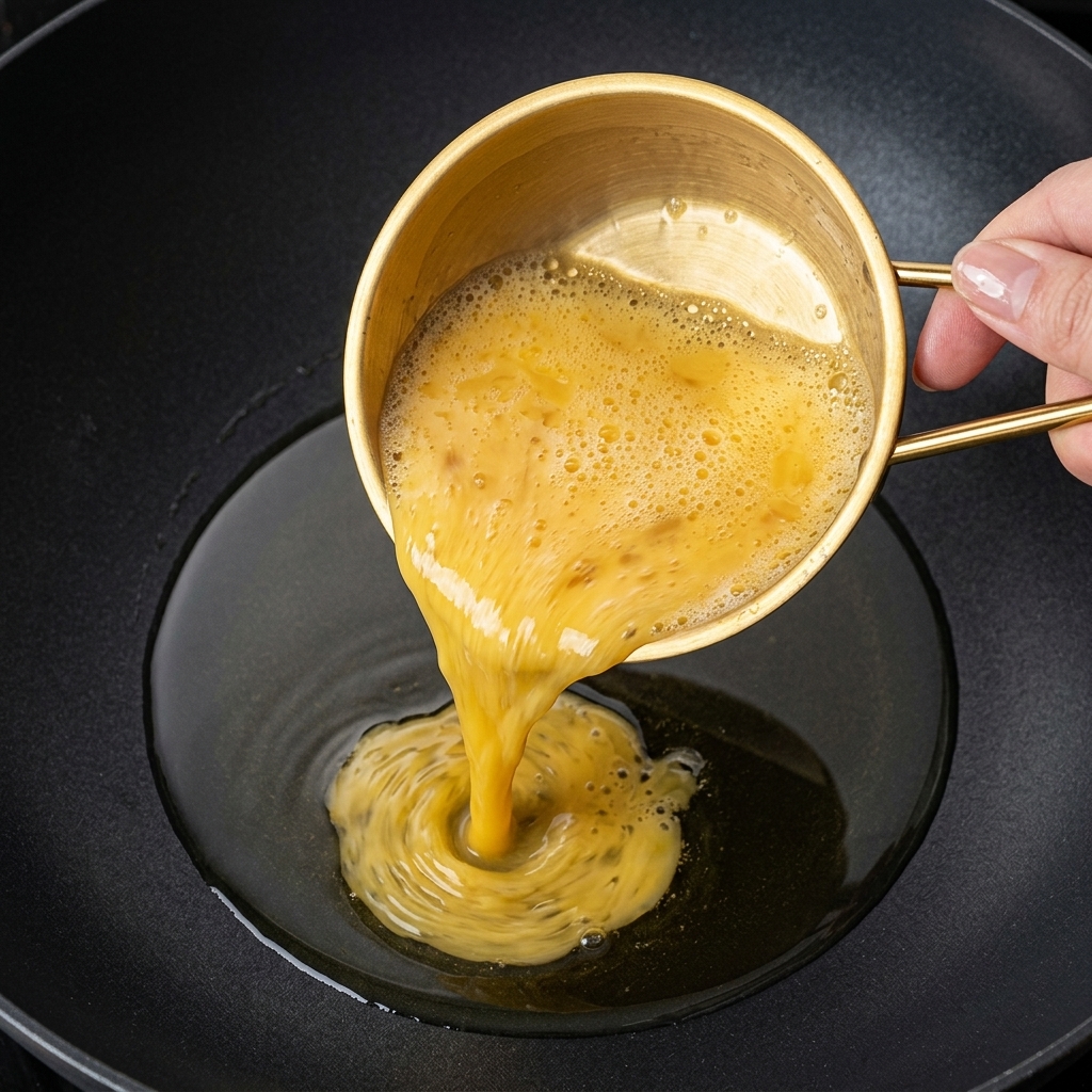 Œufs battus liquides versés dun petit bol doré dans un wok chaud et huilé.