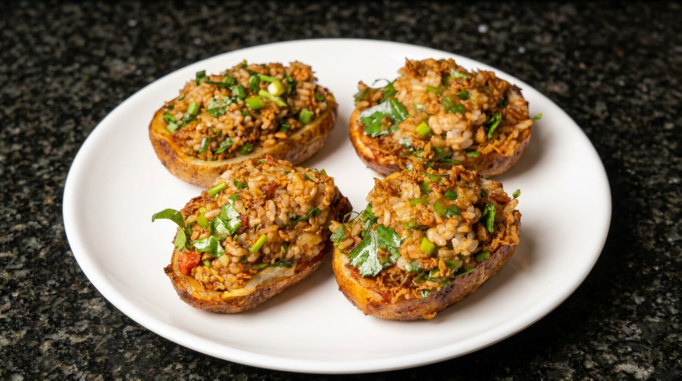 Coques de pommes de terre dorées et cuites au four, généreusement garnies de riz sauté aux œufs, au jambon et aux cacahuètes, et parsemées dherbes fraîches.