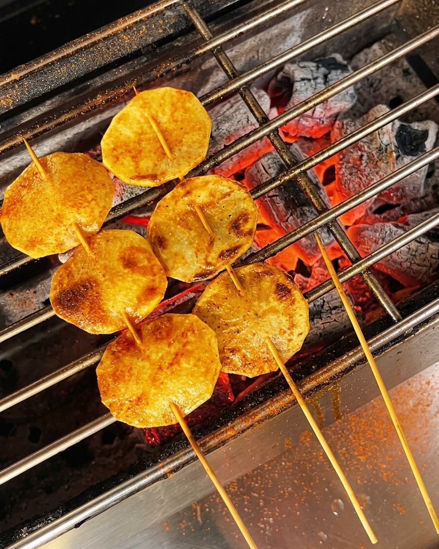 Tranches de pommes de terre huilées et dorées saupoudrées de poudre de chili rouge sur le gril.