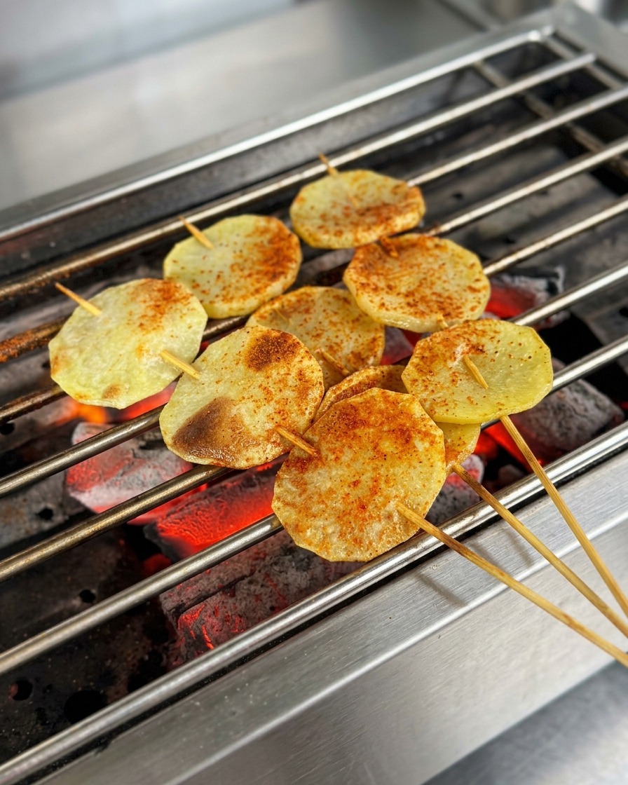 Tranches de pommes de terre grillées et assaisonnées garnies de graines de sésame blanc.