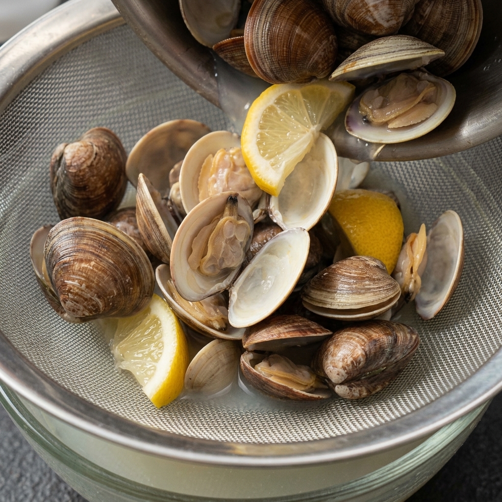 Une passoire placée au-dessus dun bol en verre récupérant le bouillon de palourdes filtré tandis que les coquilles et la chair sont séparées.
