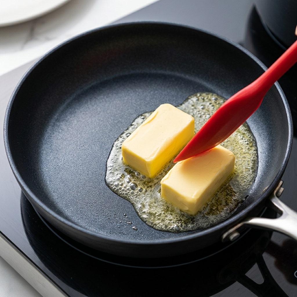 Des morceaux de beurre fondant dans une poêle, mélangés à laide dune spatule en silicone rouge.