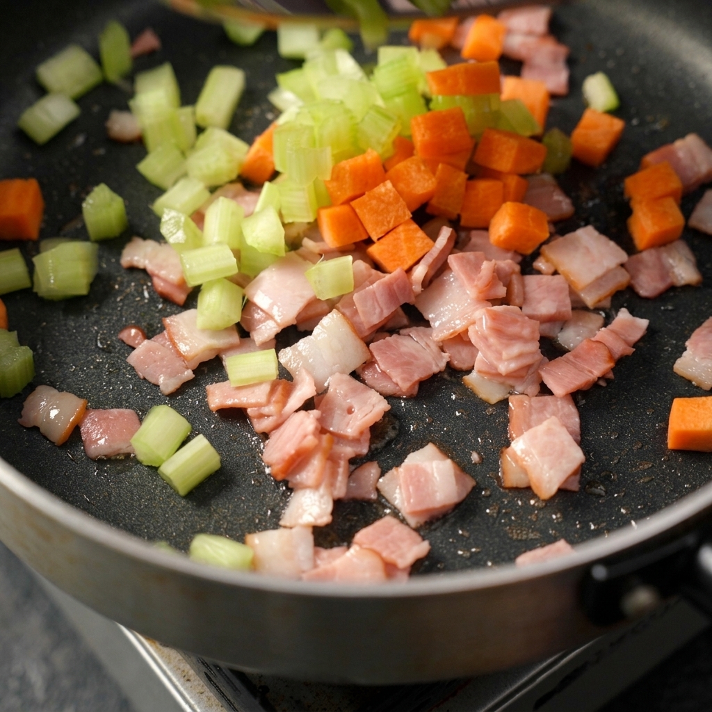 Le bouillon de palourdes et le mélange de farine sont versés dans la poêle contenant les légumes et mélangés.