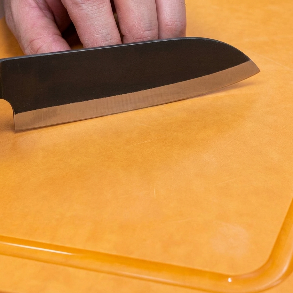 Un couteau de cuisine éminçant du gingembre frais sur une planche à découper orange.