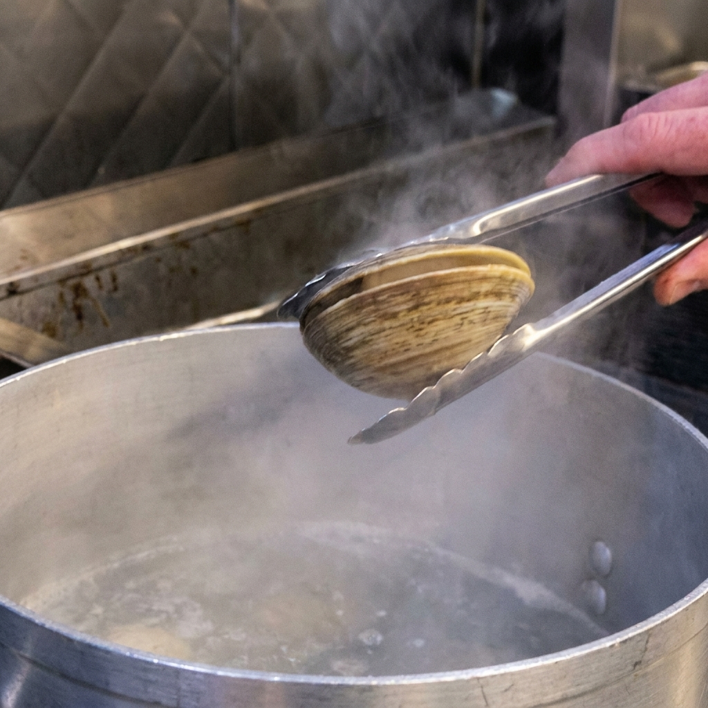 Des pinces soulevant une palourde fraîchement ouverte au-dessus dune grande casserole en aluminium remplie deau fumante.